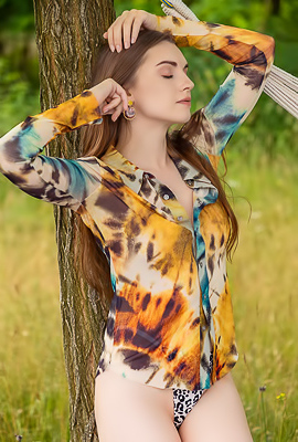 Monika May Seductive Beauty Unbuttons Her Shirt And Caresses Her Lovely Breasts