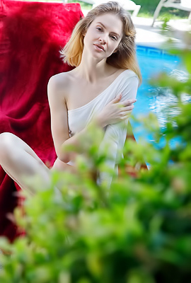 >Alice May Wades Out Of The Pool And Spreads Across A Red Velvet Lounger