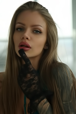 >Angel Di teases in teal lingerie and black stockings, posing provocatively by the window, gloves on, body on display